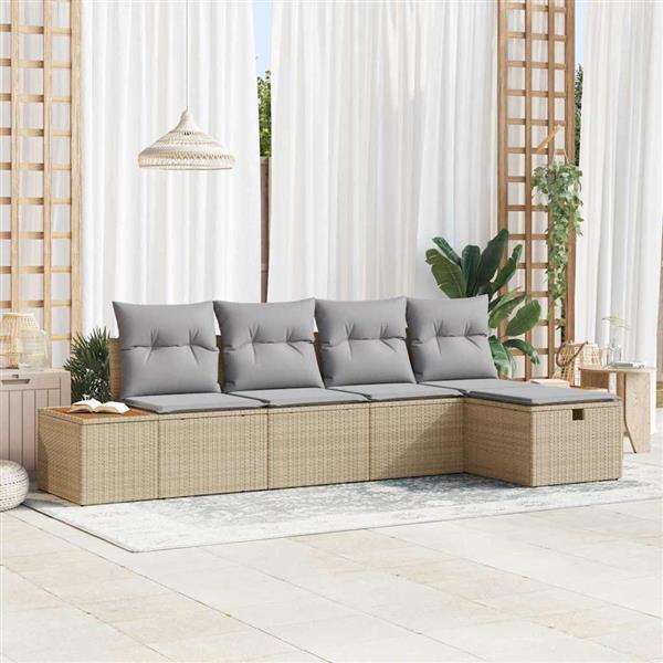 Grote foto vidaxl tuin sofa set met kussen 5 pcs beige poly riet tuin en terras tuinmeubelen