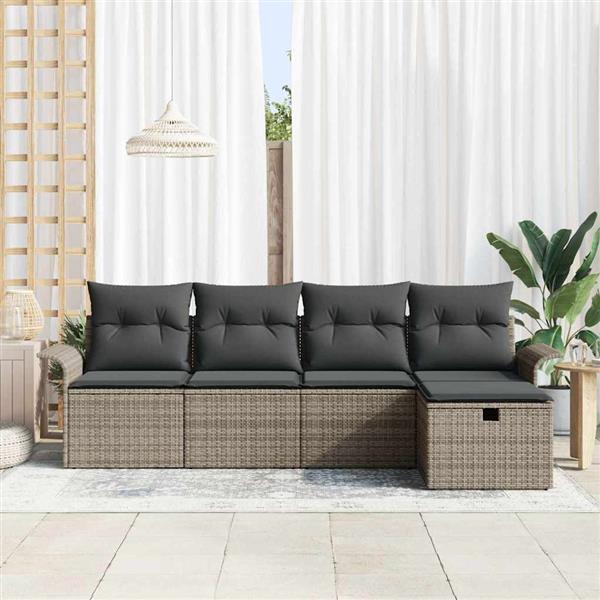 Grote foto vidaxl tuin sofa set met kussen met opslag 5 pcs grijs poly riet tuin en terras tuinmeubelen