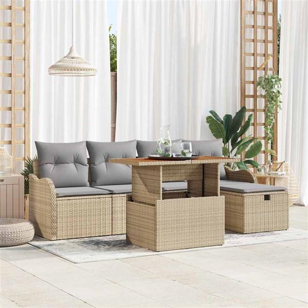 Grote foto vidaxl tuin sofa set met kussen met opslag 6 pcs beige poly riet tuin en terras tuinmeubelen