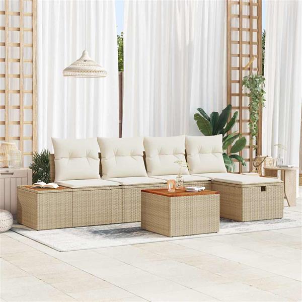 Grote foto vidaxl tuin sofa set met kussen 6 pcs beige poly riet tuin en terras tuinmeubelen