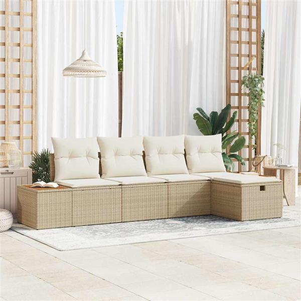 Grote foto vidaxl tuin sofa set met kussen 5 pcs beige poly riet tuin en terras tuinmeubelen