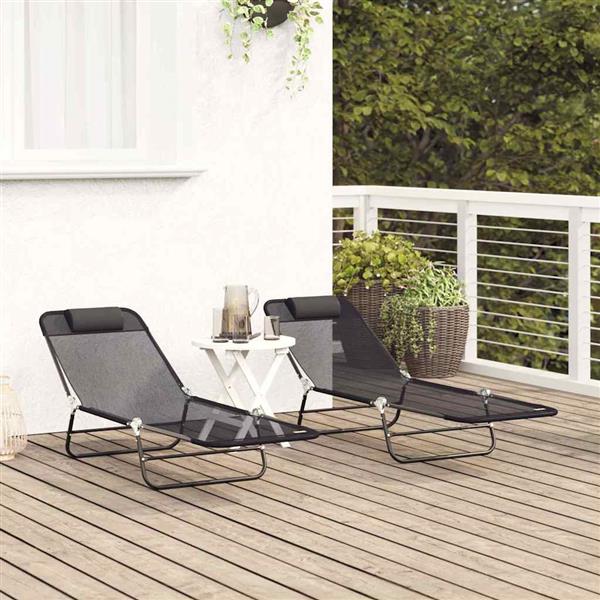 Grote foto vidaxl opvouwbare zonnebed 2 pcs zwart 182 x 55 x 85.5cm textileen tuin en terras tuinmeubelen