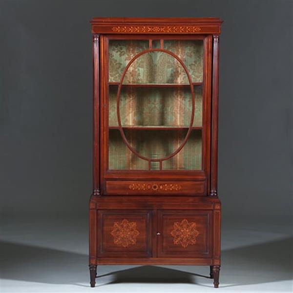 Grote foto franse vitrine met lade en gesloten deurtje prachtig ingelegd verstelbare planken ca. 1875 no.27011 antiek en kunst stoelen en banken