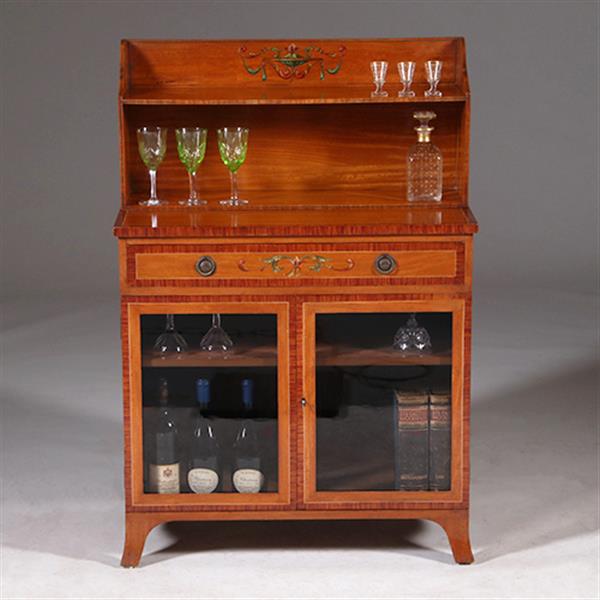 Grote foto beschilderd satijnhouten drankenkastje met verstelbare plank en opzetstuk no.330320 antiek en kunst stoelen en banken
