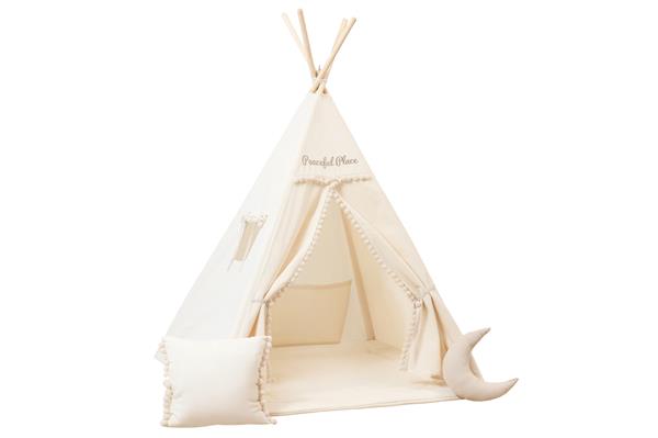 Grote foto tipi tent beige met pompons peaceful place met accessoires tipi tent met speelmatras kussens en t kinderen en baby overige