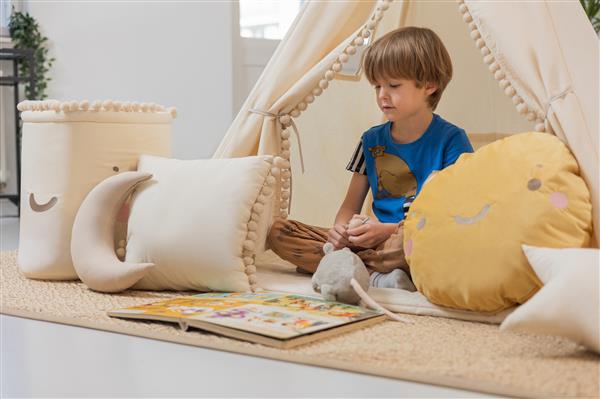 Grote foto tipi tent beige met pompons peaceful place met accessoires tipi tent met speelmatras kussens en t kinderen en baby overige