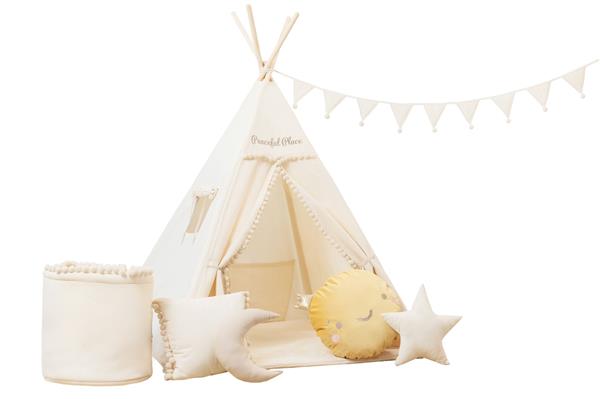 Grote foto tipi tent beige met pompons peaceful place met accessoires tipi tent met speelmatras kussens en t kinderen en baby overige