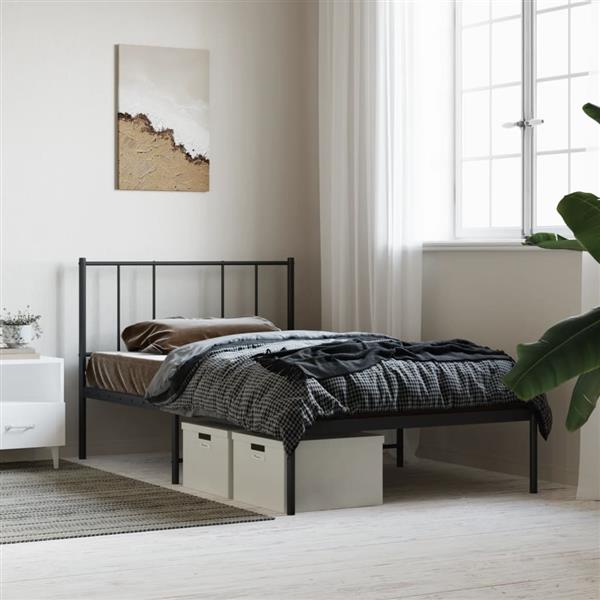 Grote foto vidaxl bedframe met hoofdbord metaal zwart 90x200 cm antiek en kunst stoelen en banken