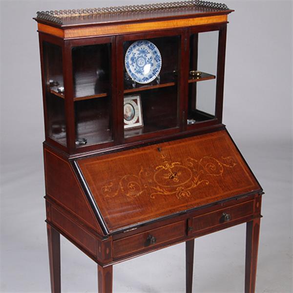 Grote foto damessecretaire met vitrine en rijk ingelegde schrijfklep no.331505 antiek en kunst overige in antiek gebruiksvoorwerpen