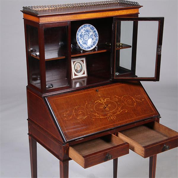 Grote foto damessecretaire met vitrine en rijk ingelegde schrijfklep no.331505 antiek en kunst overige in antiek gebruiksvoorwerpen