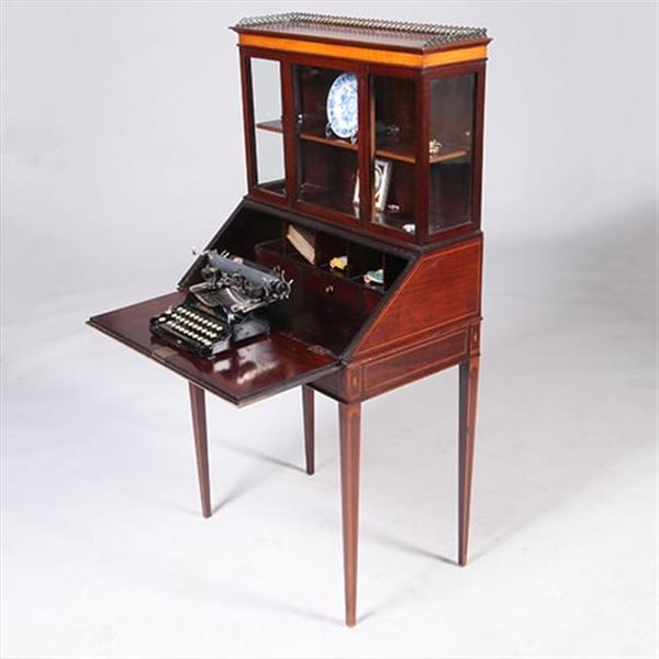Grote foto damessecretaire met vitrine en rijk ingelegde schrijfklep no.331505 antiek en kunst overige in antiek gebruiksvoorwerpen