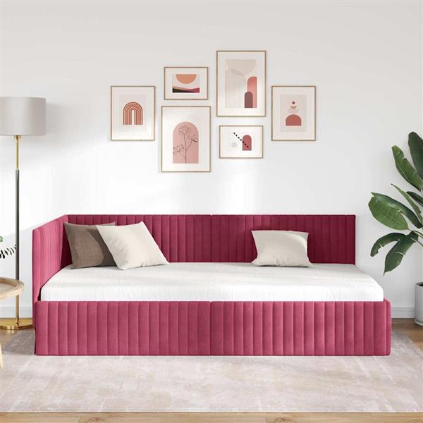 Grote foto vidaxl hoekbedframe met hoofdeinde wijnrood 100 x 200 cm fluweel antiek en kunst stoelen en banken