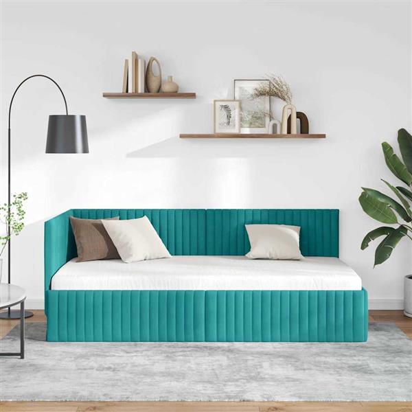 Grote foto vidaxl hoekbedframe met hoofdeinde turquoise 90 x 190 cm fluweel antiek en kunst stoelen en banken
