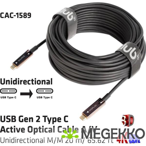 Grote foto club3d usb3.2 g2 type c act. opt. a v m m 20m usb kabel 3.2 gen 2 3.1 gen 2 usb c zwart computers en software overige computers en software