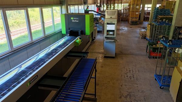 Grote foto greefa combisort fruit en appelsorteermachine 2 lijnen met waterdumper automatische dozenvullers e agrarisch tuinbouw