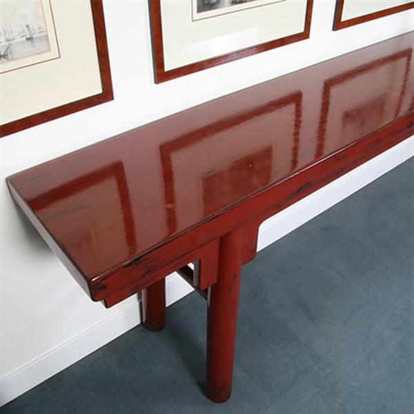 Grote foto reusachtige 3.25 m lange chinese rode lak altaartafel of wandtafel no.331525 antiek en kunst stoelen en banken