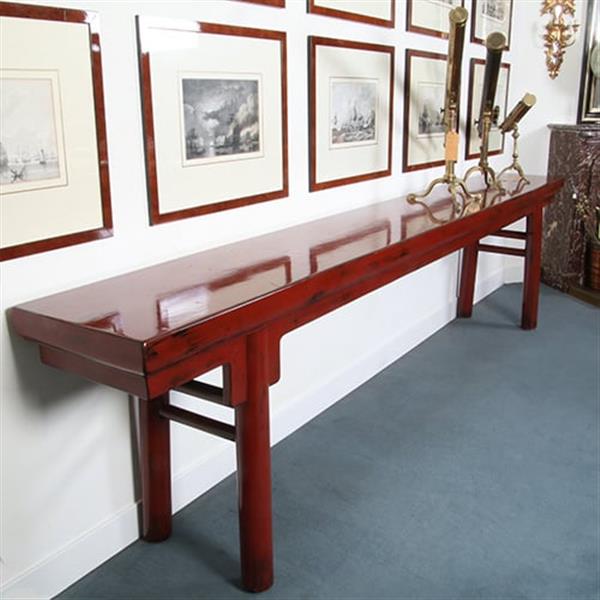 Grote foto reusachtige 3.25 m lange chinese rode lak altaartafel of wandtafel no.331525 antiek en kunst stoelen en banken