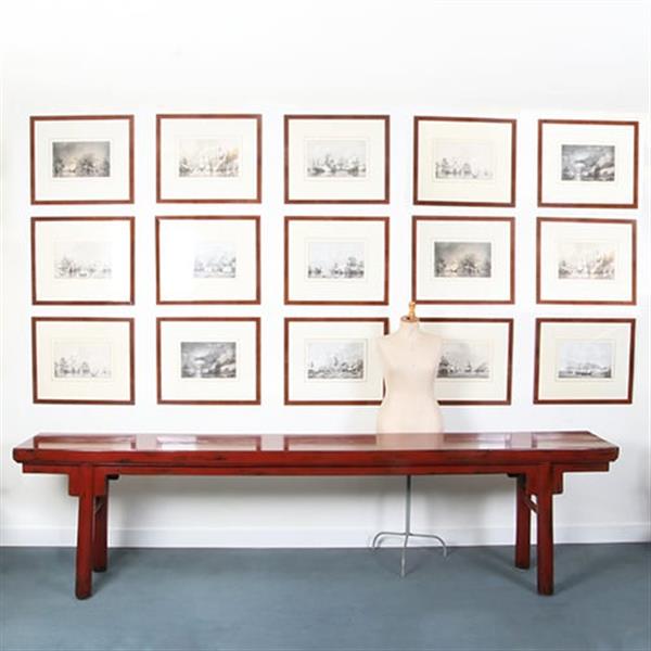Grote foto reusachtige 3.25 m lange chinese rode lak altaartafel of wandtafel no.331525 antiek en kunst stoelen en banken