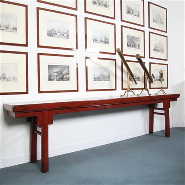 Grote foto reusachtige 3.25 m lange chinese rode lak altaartafel of wandtafel no.331525 antiek en kunst stoelen en banken