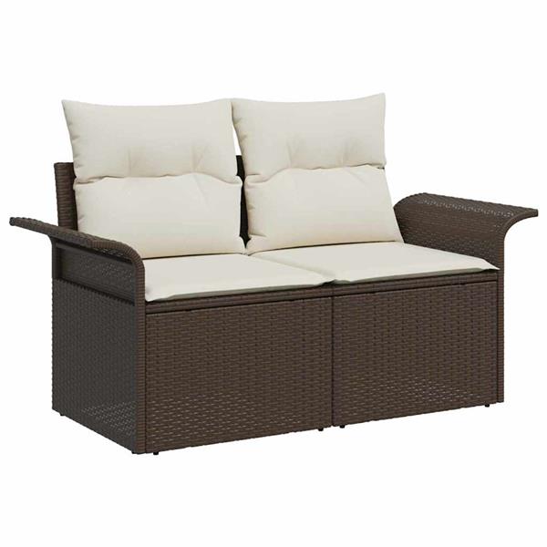 Grote foto vidaxl tuinbank met kussen bruin 141 x 62 x 69cm poly rattan tuin en terras tuinmeubelen