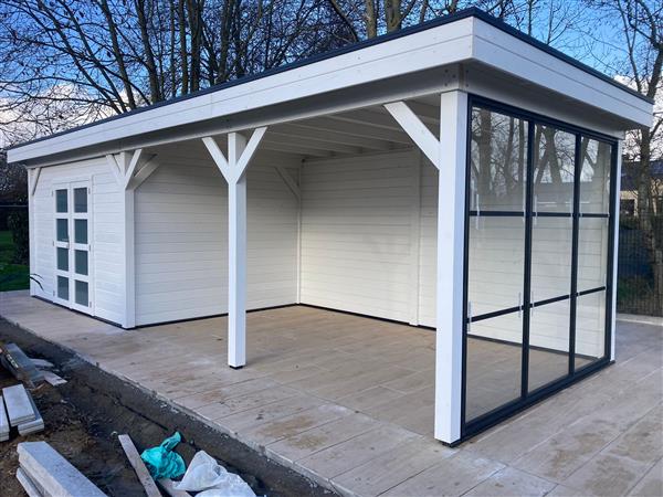 Grote foto bosuil 300 x 300 en luifel 400 cm onbehandeld. tuin en terras tuinhuisjes en blokhutten