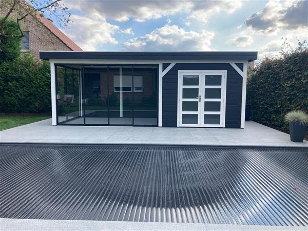 Grote foto bosuil 300 x 300 en luifel 400 cm onbehandeld. tuin en terras tuinhuisjes en blokhutten