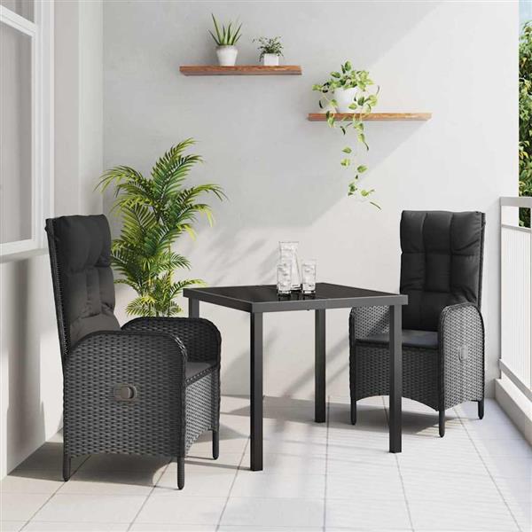 Grote foto vidaxl tuin eetset met kussen 3 pcs zwart poly riet tuin en terras tuinmeubelen