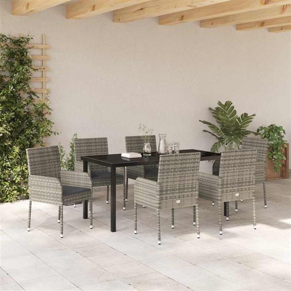 Grote foto vidaxl tuin eetset met kussen 7 pcs grijs poly riet tuin en terras tuinmeubelen