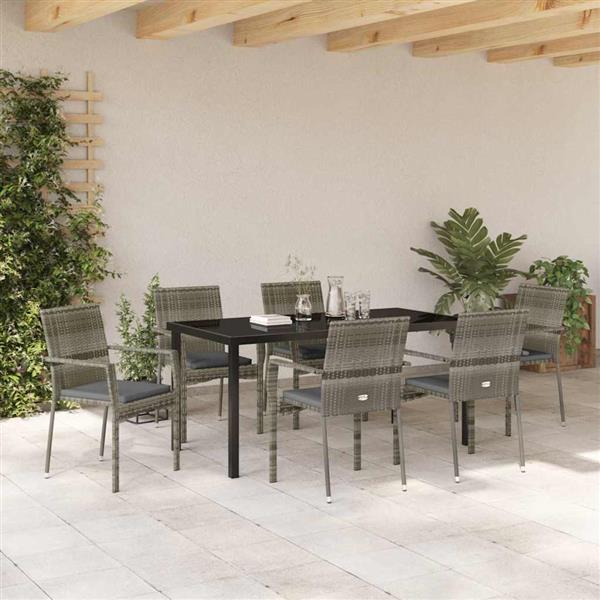 Grote foto vidaxl tuin eetset met kussen 7 pcs grijs poly riet tuin en terras tuinmeubelen