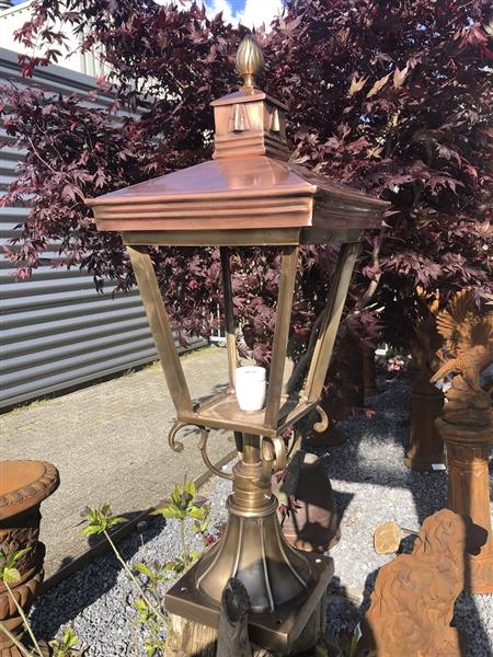 Grote foto lamp messing koper xl op voet geweldige uitstraling tuin en terras verlichting