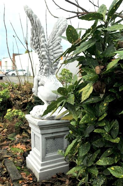 Grote foto zeer forse knielende engel met vleugels omhoog op grote sokkel zeer fors tuin en terras tuindecoratie