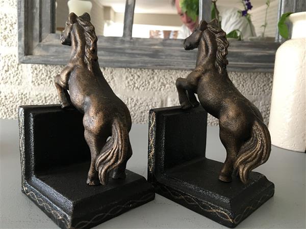 Grote foto boekensteunenset de steigerende paarden bronslook. tuin en terras tuindecoratie
