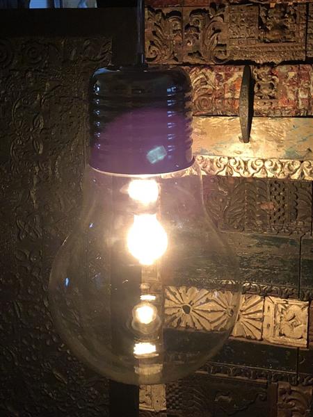 Grote foto hanglamp in de vorm van een hele grote gloeilamp zeer mooi om te zien. tuin en terras verlichting