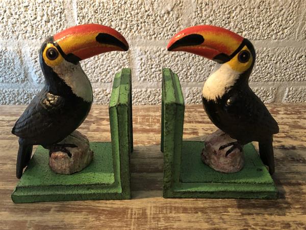 Grote foto boekensteunenset gietijzer toukan in prachtige kleurstelling. . tuin en terras tuindecoratie