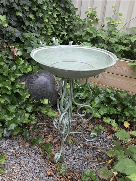 Grote foto mooi groot vogelbad gemaakt van metaal zeer decoratief tuin en terras tuindecoratie