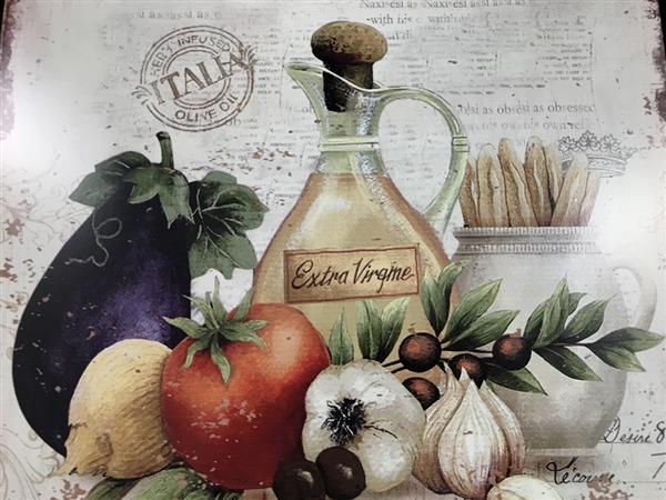 Grote foto metalen bordje met groentes en de tekst huile d olive huis en inrichting woningdecoratie