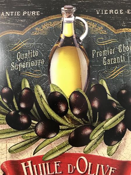 Grote foto metalen bordje met olijven olijfolie en de tekst huile d olive huis en inrichting woningdecoratie