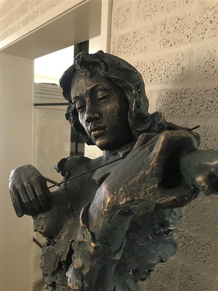 Grote foto prachtige torso van een jazz muzikant met een viool in green gold tuin en terras tuindecoratie