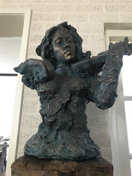 Grote foto prachtige torso van een jazz muzikant met een viool in green gold tuin en terras tuindecoratie