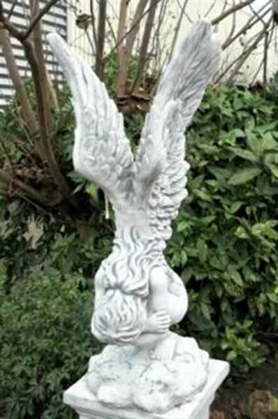 Grote foto zeer forse knielende engel met vleugels omhoog mooi stenen beeld tuin en terras tuindecoratie