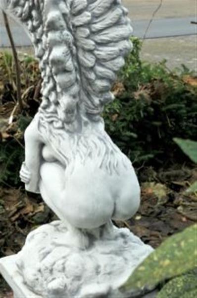 Grote foto zeer forse knielende engel met vleugels omhoog mooi stenen beeld tuin en terras tuindecoratie