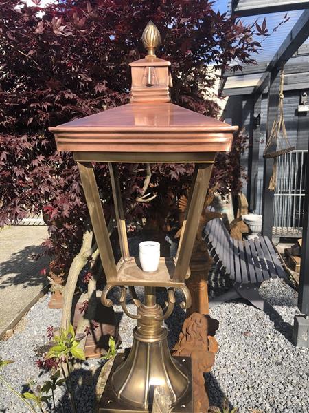 Grote foto lamp messing koper xl op voet geweldige uitstraling tuin en terras verlichting
