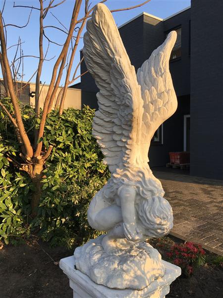 Grote foto zeer forse knielende engel met vleugels omhoog op grote sokkel zeer fors tuin en terras tuindecoratie