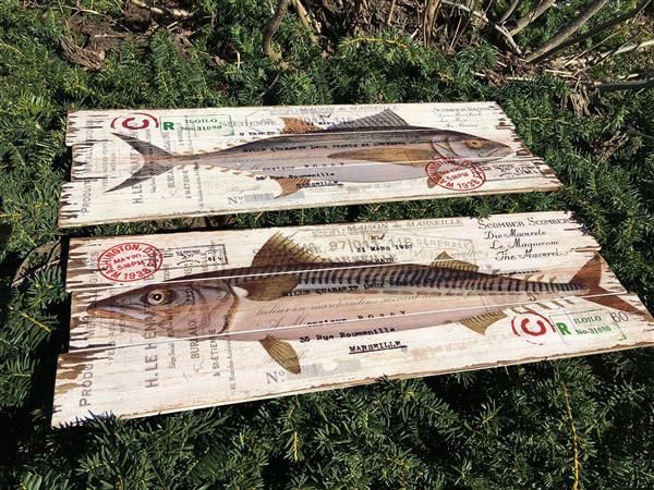 Grote foto set van 2 houten wandborden met daarop makreel tonijn huis en inrichting woningdecoratie