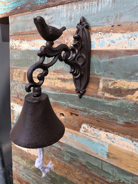 Grote foto deur post bel klok gietijzer bruin met vogel. doe het zelf en verbouw deuren en horren