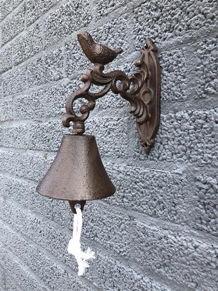 Grote foto deur post bel klok gietijzer bruin met vogel. doe het zelf en verbouw deuren en horren