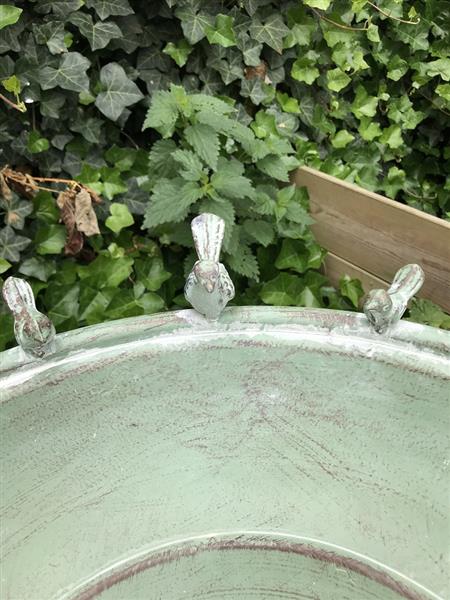 Grote foto mooi groot vogelbad gemaakt van metaal zeer decoratief tuin en terras tuindecoratie