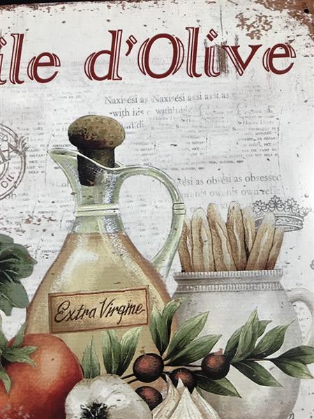 Grote foto metalen bordje met groentes en de tekst huile d olive huis en inrichting woningdecoratie
