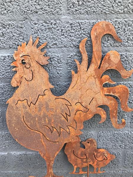 Grote foto silhouette van een haan en zijn 2 kuikentjes gemaakt van gietijzer rust tuin en terras tuindecoratie