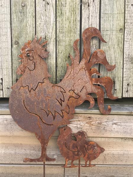 Grote foto silhouette van een haan en zijn 2 kuikentjes gemaakt van gietijzer rust tuin en terras tuindecoratie